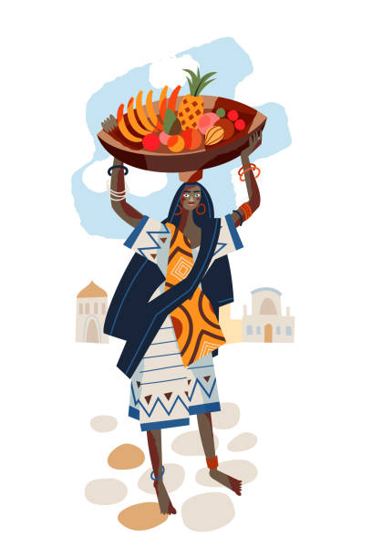 afrykańska plemienna kobieta z talerzem owoców na głowie. młoda dziewczyna w plemieniu niosące ilustrację wektorową żywności. kobieta w sukience z tradycyjnymi elementami w mieście na białym tle - loin cloth stock illustrations