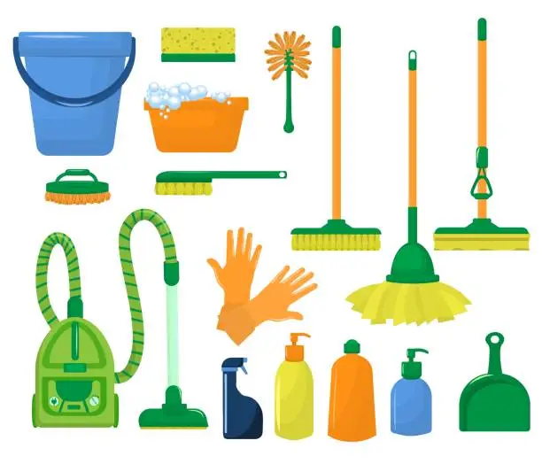 Vector illustration of vector illustration on the theme of cleaning with different types of vacuum cleaners, mops and detergents. Set of cleaning tools