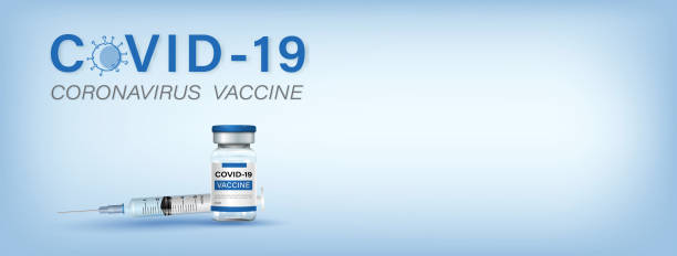 istock Covid-19 vaccine bottle with syringe and needle in light blue banner background with text and copy space, vector illustration 1316224571