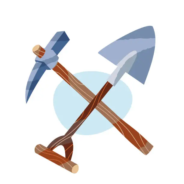 Vector illustration of Gold Rush tools set: pick and shovel. Wooden and metal pick and spade vector illustration. Western icons of miners and diggers, equipment for prospectors on white background