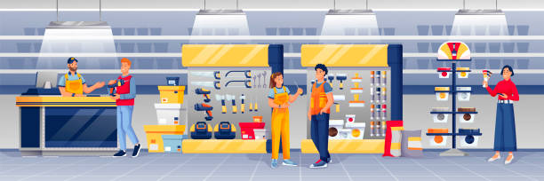 People shopping in hardware shop. Man at counter selling drill to guy, woman choosing paint, assistants standing vector illustration. Tools and materials store interior design panorama People shopping in hardware shop. Man at counter selling drill to guy, woman choosing paint, assistants standing vector illustration. Tools and materials store interior design panorama. hardware store stock illustrations