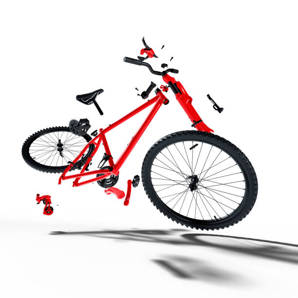 흰색 배경에 고립 된 빨간색 분해 된 산악 자전거 - bicycle gear bicycle cycling red 뉴스 사진 이미지