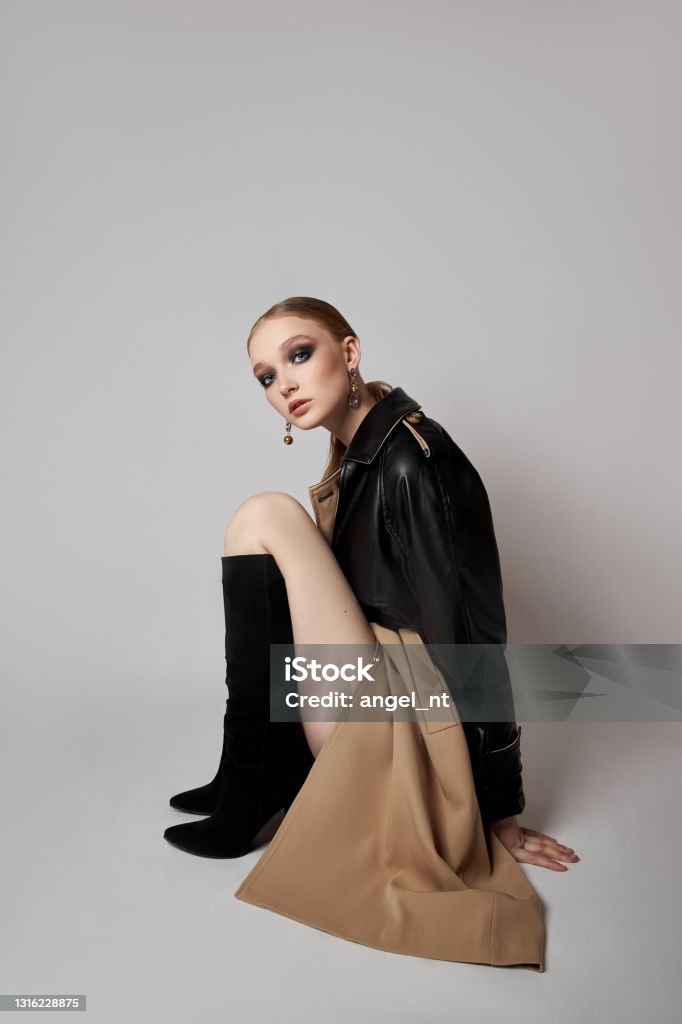 Beauty Fashion Young Woman In Trench Coat Professional Face Makeup