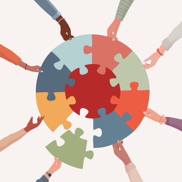 ilustrações de stock, clip art, desenhos animados e ícones de missing link.arms of hands of people or co-workers of diverse races holding jigsaw puzzle pieces that connect. problem solving.union and teamwork. collaborating.strategy.match. toy - collaboration
