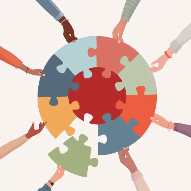 Vector illustration of Missing link.Arms of hands of people or co-workers of diverse races holding jigsaw puzzle pieces that connect. Problem solving.Union and teamwork. Collaborating.Strategy.Match. Toy