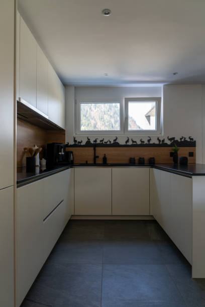 istock interior view of a modern and elegant kitchen with white cupboards and black tiles 1316229357