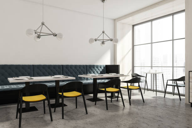istock Light cafe interior with seats and window, open space restaurant 1316230200