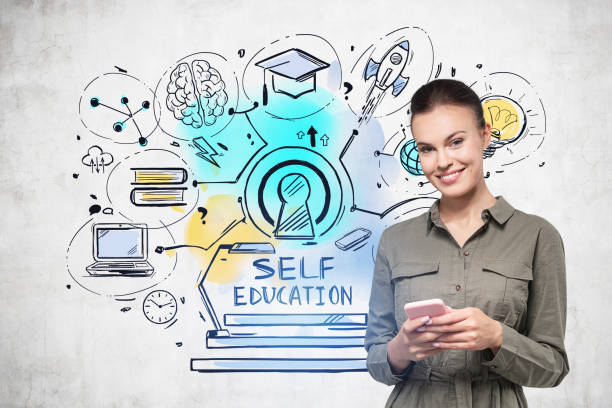 istock Smiling woman with smartphone, self education sketch 1316230598
