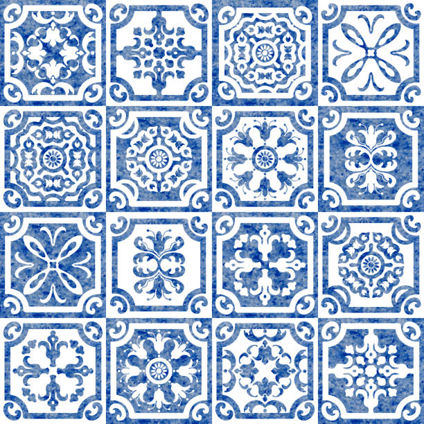 illustrations, cliparts, dessins animés et icônes de motif sans couture de carreaux de mosaïque bleu peint à l’aquarelle avec ornements floraux en néerlandais, flamand, espagnol, portugais, marocain style de peinture en céramique majolica méditerranéenne. décor de papier peint, imprimé batik - culture néerlandaise