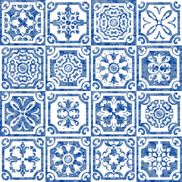 Seamless pattern of watercolor painted blue mosaic tiles with floral ornaments in Dutch, Flemish, Spanish, Portuguese, Moroccan Mediterranean majolica ceramic painting style. Wallpaper décor, batik print