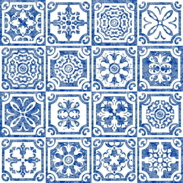Seamless pattern of watercolor painted blue mosaic tiles with floral ornaments in Dutch, Flemish, Spanish, Portuguese, Moroccan Mediterranean majolica ceramic painting style. Wallpaper décor, batik print Seamless pattern of watercolor painted blue mosaic tiles with floral ornaments in Dutch, Flemish, Spanish, Portuguese, Moroccan Mediterranean majolica ceramic painting style. Wallpaper décor, batik print tiled floor stock illustrations