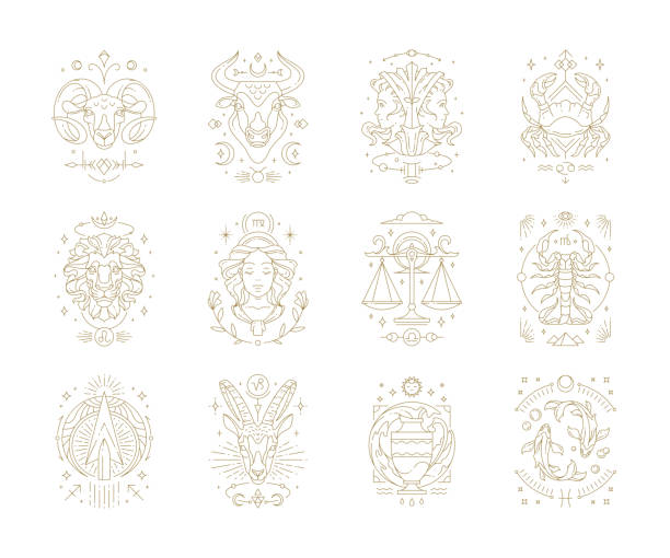 Zodiac astrology horoscope signs linear design vector illustrations set Zodiac astrology horoscope signs linear design vector illustrations set. Elegant line art symbols and icons of esoteric zodiacal horoscope templates for logo or poster isolated on white background. astrology sign stock illustrations