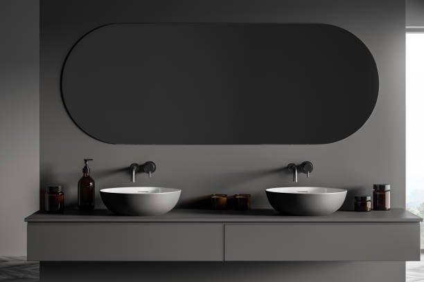 istock Modern classic bathroom with double sink, minimalistic dark interior design. 3d rendering 1316232142