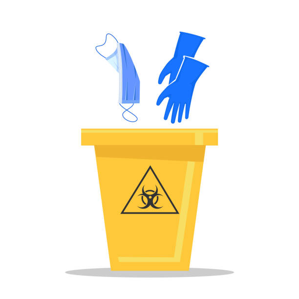 Yellow biohazard trash can. How to properly dispose of used medical masks and gloves. vector art illustration
