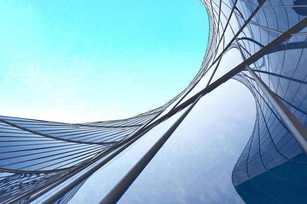 istock Low angle view of futuristic architecture, Skyscraper office building with cloud reflected on window, 3D rendering. 1316234009