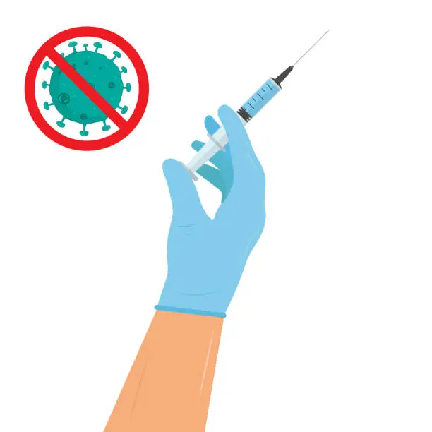 Vector illustration of Vaccination concept. Coronavirus infection vaccine syringe in blue gloved hands of doctor, nurse, scientist. Isolated flat vector illustration.