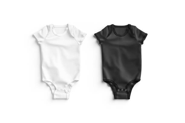 Blank black and white half sleeve baby bodysuit mockup lying Blank black and white half sleeve baby bodysuit mockup lying, 3d rendering. Empty childhood babygro with buttons mock up, isolated, top view. Clear cotton growsuit for kid template. babygro stock pictures, royalty-free photos & images