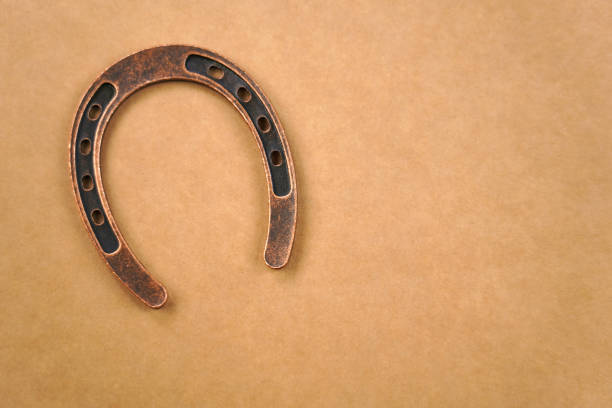Close-up view of a rusty horseshoe mounted on an aged brick wall, showcasing texture and ample copy space for text or design concepts.