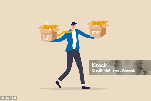 Etf Index Fund Or Mutual Fund Alternative Concept Businessman Investor Holding Or Balance Etf Box On Left Hand And Mutual Fund Box On Right Hand Stock Illustration - Download Image Now