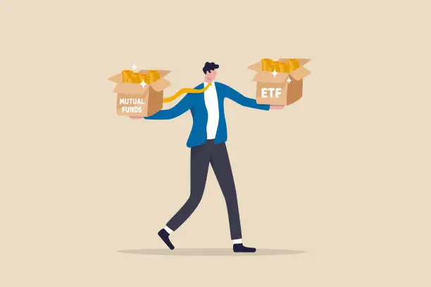 Vector illustration of ETF, index fund or mutual fund alternative concept, businessman investor holding or balance ETF box on left hand and mutual fund box on right hand.