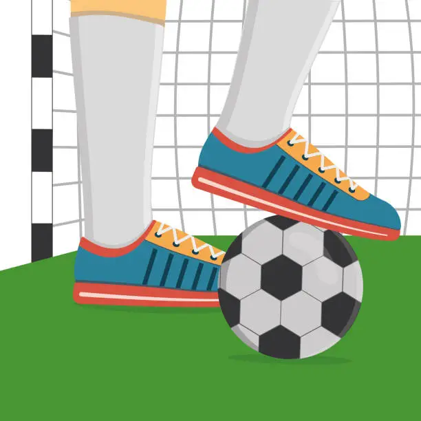 Vector illustration of A football player in sports shoes and a soccer ball on the background of a soccer goal.