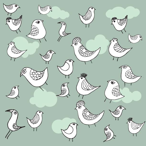 istock Cute pattern with birds and clouds. Animal print design for greeting card, flyers, banners and posters. Vector hand-drawn background with clouds and birds 1316249030