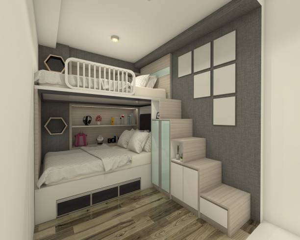 Bedroom Design With Staircase Cabinet And Bunk Bed Bedroom Design With Staircase Cabinet And Bunk Bed. 3d rendering, 3d illustration. white shabby chic desk stock pictures, royalty-free photos & images