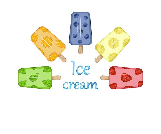 Fruit icecream. Set Fruit icecream. Set of multi-colored ice cream with different fruits. Lettering. There is free space for text. Vector illustration. chandler strawberry stock illustrations