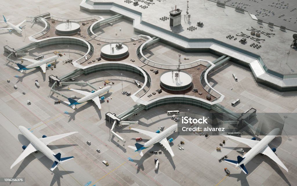 Bird eye view of airport terminal with parked airplanes 3D rendering of generic airport terminal with parked airplanes. Aerial view of commercial aircrafts in airport parking lot, computer graphic image. Airport Stock Photo