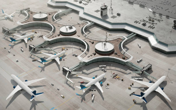 Bird eye view of airport terminal with parked airplanes 3D rendering of generic airport terminal with parked airplanes. Aerial view of commercial aircrafts in airport parking lot, computer graphic image. airport aerial view stock pictures, royalty-free photos & images