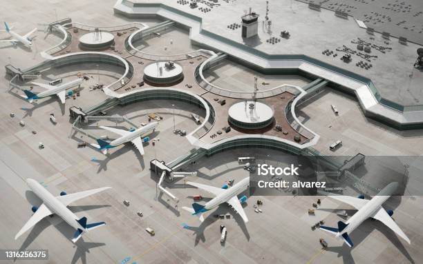 Bird Eye View Of Airport Terminal With Parked Airplanes Stock Photo - Download Image Now