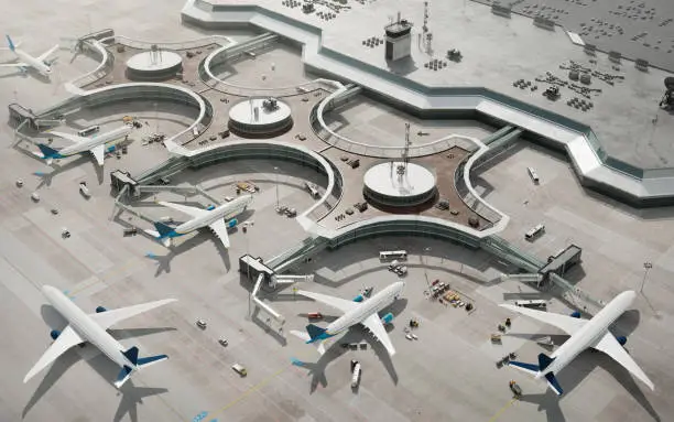 Photo of Bird eye view of airport terminal with parked airplanes