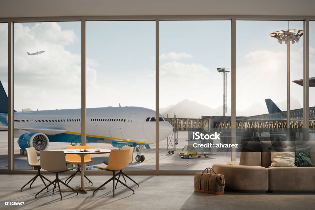 3d rendering of the airport terminal Airplane parked at terminal seen from the airport lounge. 3d rendering of an airport terminal. Airport Stock Photo