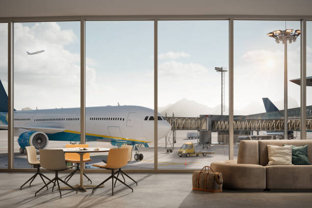 3d rendering of the airport terminal Airplane parked at terminal seen from the airport lounge. 3d rendering of an airport terminal. frequent flyer stock pictures, royalty-free photos & images