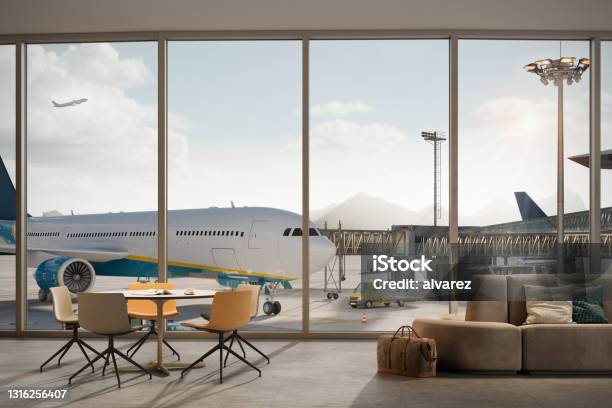 3d Rendering Of The Airport Terminal Stock Photo - Download Image Now - Airport, Airport Departure Area, Airport VIP Lounge