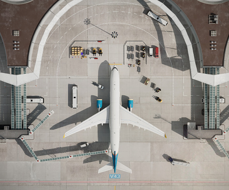 Top view of airplane at airport terminal. 3D drone view of generic airport terminal with parked aircraft.