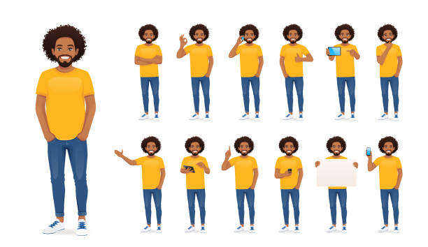 Young african man in casual clothes set Young african man in casual clothes standing with different gestures set isolated vector illustration cartoon people stock illustrations
