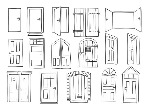 дверь и ворота установить, старый и классический стиль, отрывочный мультфильм ручной рисунок - дверь иллюстрации stock illustrations