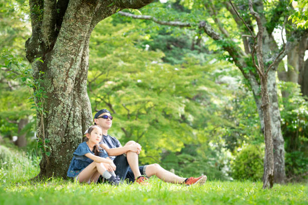 istock Father and daughter sitting on a tree in the forest 1316261025