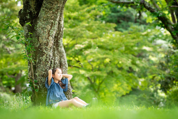 istock Girl sitting on a tree in the forest 1316261129