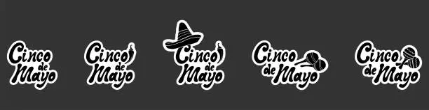 Vector illustration of Sticker set Cinco de mayo handwritten lettering phrase design in black and white colors with hand draw cartoon doodles sombrero, maracas, pepper. Vector stock illustration.