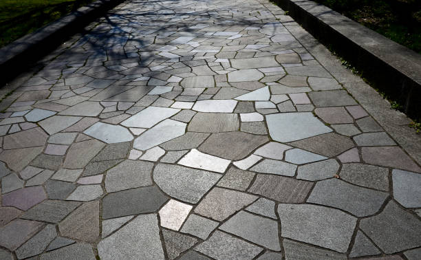 pavimentazione naturale di gneiss e pietre irregolari di granito piegato in un bellissimo motivo - gneiss foto e immagini stock