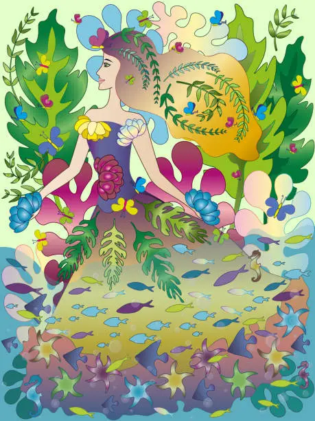 Vector illustration of Girl Nature Fantasy clipart. Fantastic world with underwater and fishes. Butterfly and plants harmony