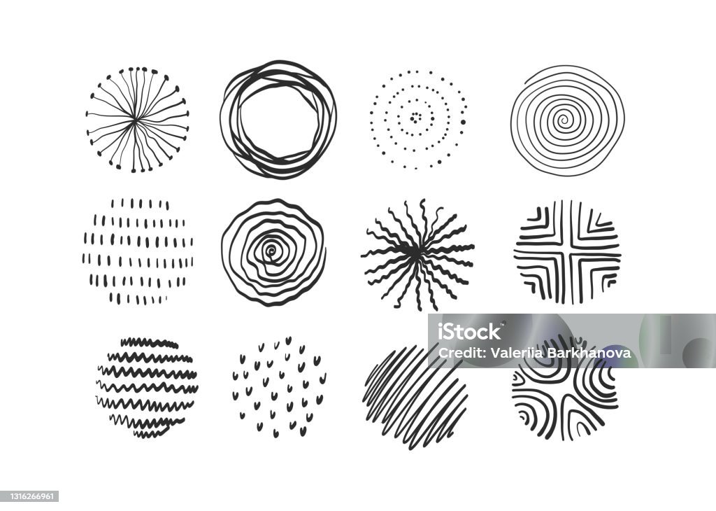 Cerchi vettoriali astratti di forme diverse. Campitura, punti, linee, astrazione nel cerchio. Set di forme cerchio per post, storia, tessuto. Disegno a mano - arte vettoriale royalty-free di Stile Mid-Century
