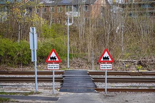 Warning for passing trains at Farum station, which is at the end of a commuters line in Copenhagen. It is in an area for railroad workers only