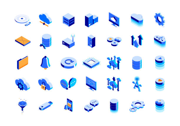 cloud technology isometric icon set und dreidimensionales design - computerteil stock-grafiken, -clipart, -cartoons und -symbole