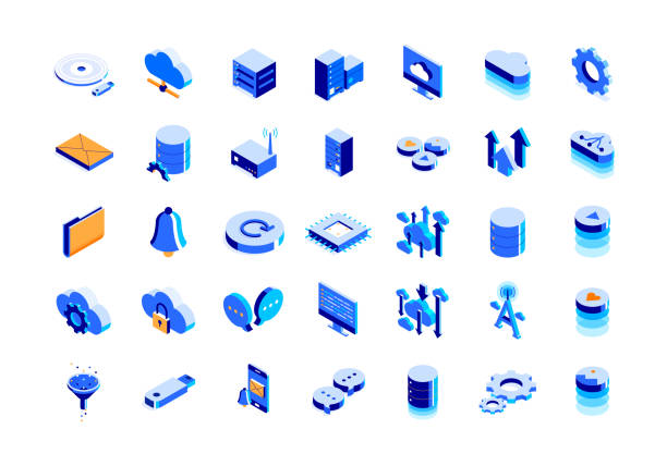 ilustraciones, imágenes clip art, dibujos animados e iconos de stock de conjunto de iconos isométricos de tecnología en la nube y diseño tridimensional - computer equipment illustrations