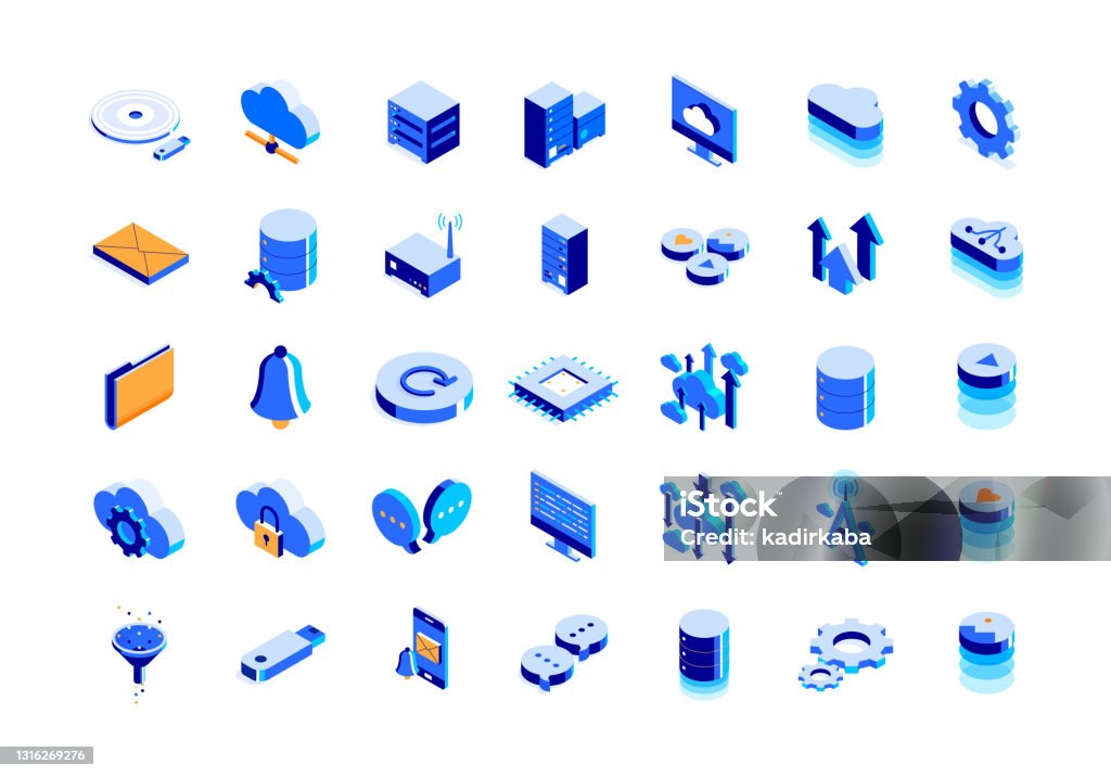 Set di icone isometriche della tecnologia cloud e design tridimensionale - arte vettoriale royalty-free di Icona