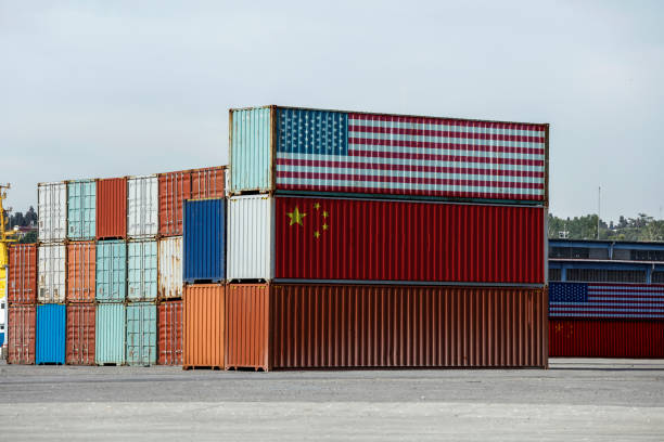 istock Cargo containers with Chinese and United States flag 1316269280