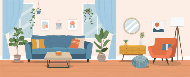 illustrations, cliparts, dessins animés et icônes de intérieur du salon. illustration plate de dessin animé de vecteur - wallpaper retro revival living room decor